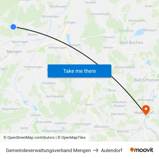 Gemeindeverwaltungsverband Mengen to Aulendorf map