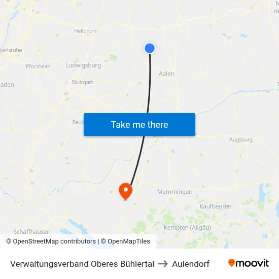 Verwaltungsverband Oberes Bühlertal to Aulendorf map