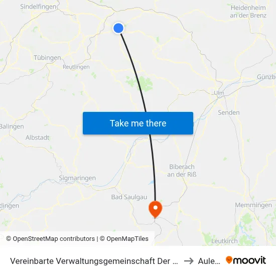 Vereinbarte Verwaltungsgemeinschaft Der Stadt Kirchheim Unter Teck to Aulendorf map