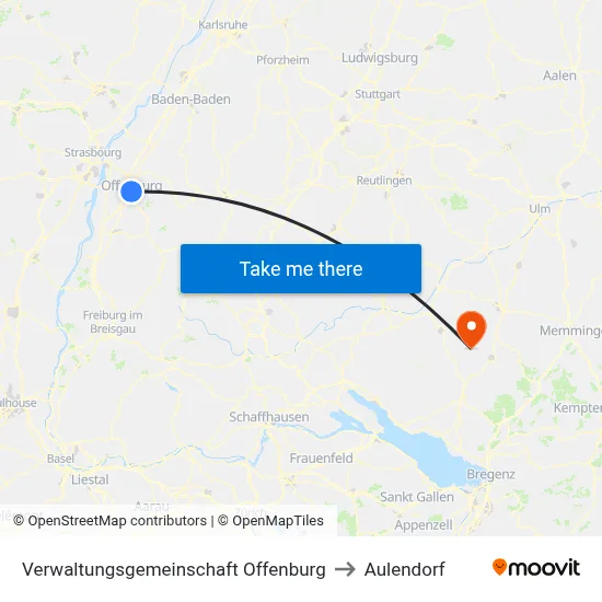 Verwaltungsgemeinschaft Offenburg to Aulendorf map