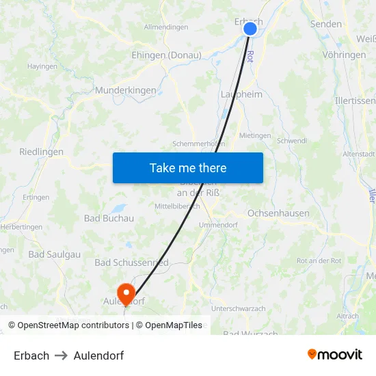Erbach to Aulendorf map