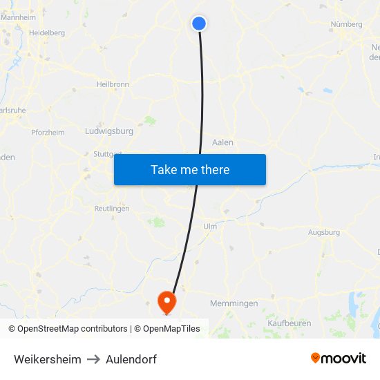 Weikersheim to Aulendorf map