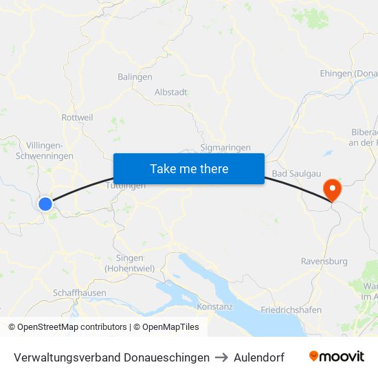 Verwaltungsverband Donaueschingen to Aulendorf map