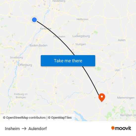 Insheim to Aulendorf map