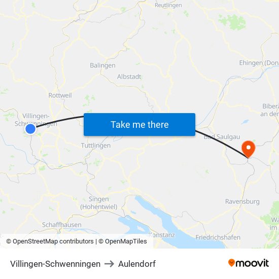 Villingen-Schwenningen to Aulendorf map