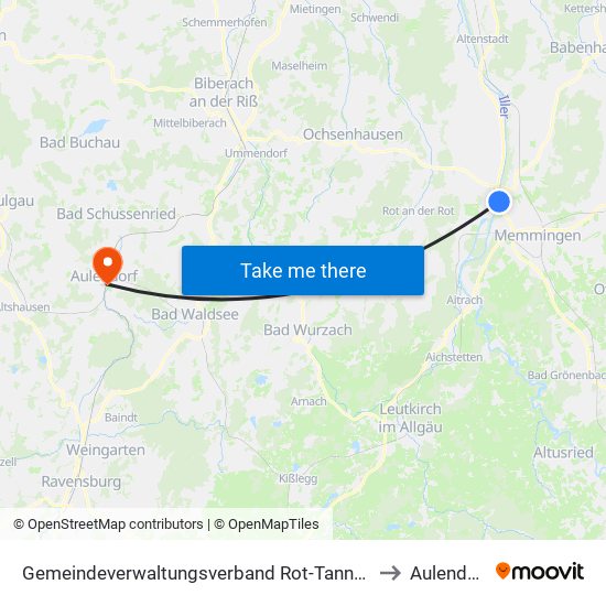 Gemeindeverwaltungsverband Rot-Tannheim to Aulendorf map