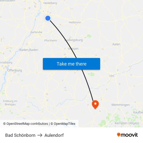Bad Schönborn to Aulendorf map