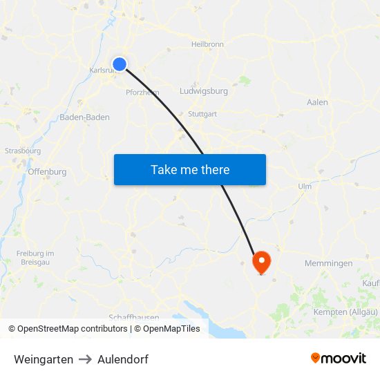 Weingarten to Aulendorf map
