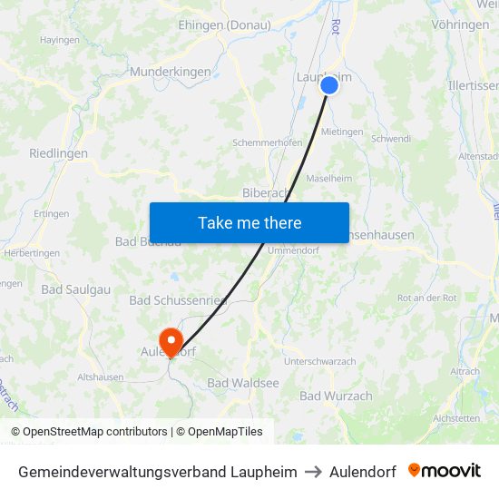 Gemeindeverwaltungsverband Laupheim to Aulendorf map