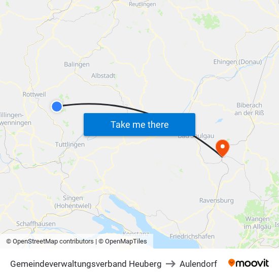 Gemeindeverwaltungsverband Heuberg to Aulendorf map