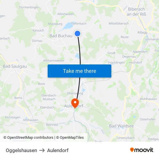 Oggelshausen to Aulendorf map