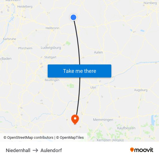 Niedernhall to Aulendorf map