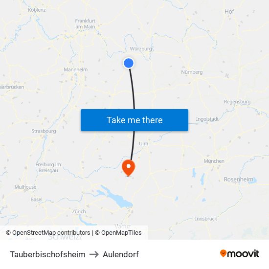 Tauberbischofsheim to Aulendorf map