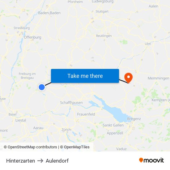 Hinterzarten to Aulendorf map