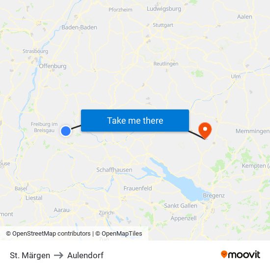 St. Märgen to Aulendorf map