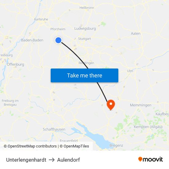 Unterlengenhardt to Aulendorf map