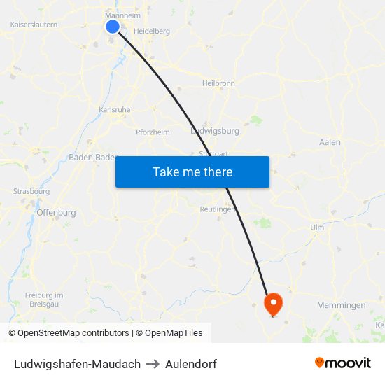 Ludwigshafen-Maudach to Aulendorf map