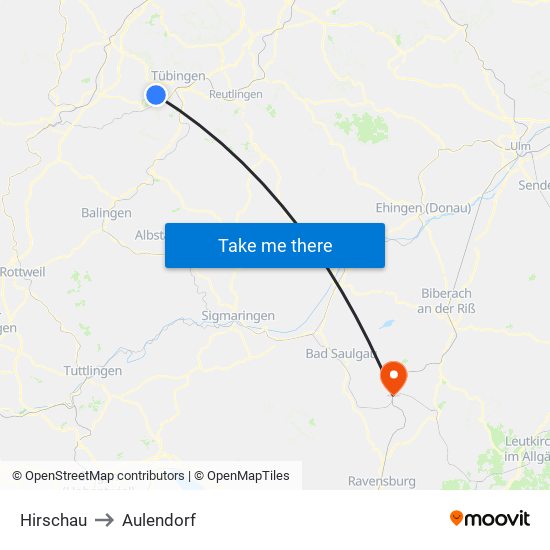Hirschau to Aulendorf map
