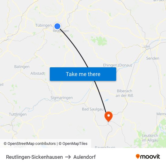 Reutlingen-Sickenhausen to Aulendorf map