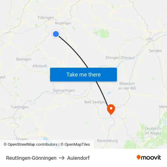 Reutlingen-Gönningen to Aulendorf map