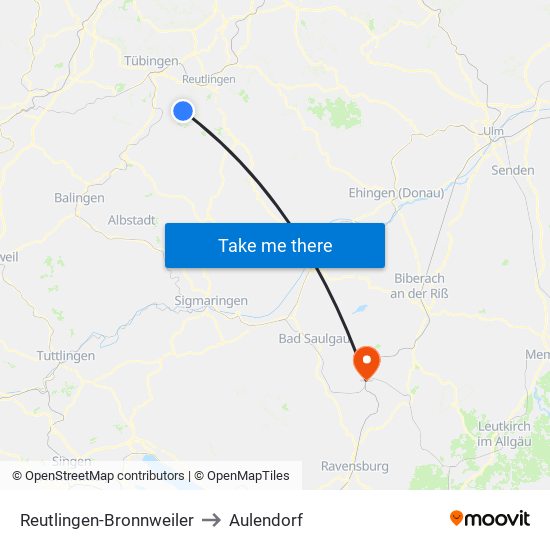 Reutlingen-Bronnweiler to Aulendorf map