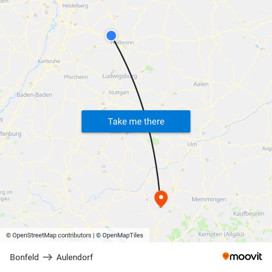 Bonfeld to Aulendorf map