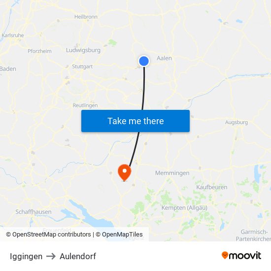 Iggingen to Aulendorf map