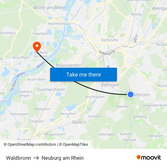 Waldbronn to Neuburg am Rhein map