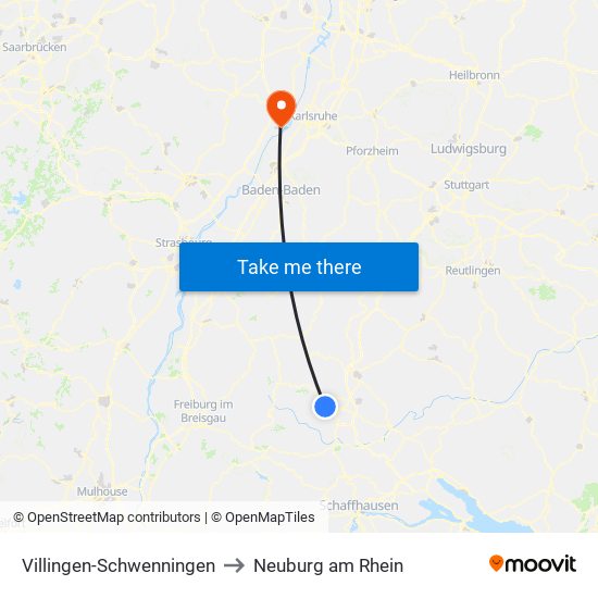 Villingen-Schwenningen to Neuburg am Rhein map