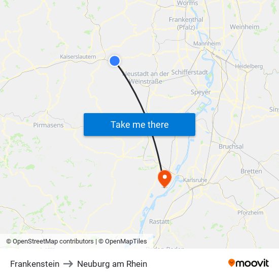 Frankenstein to Neuburg am Rhein map