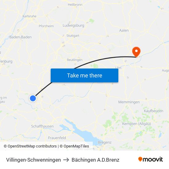 Villingen-Schwenningen to Bächingen A.D.Brenz map