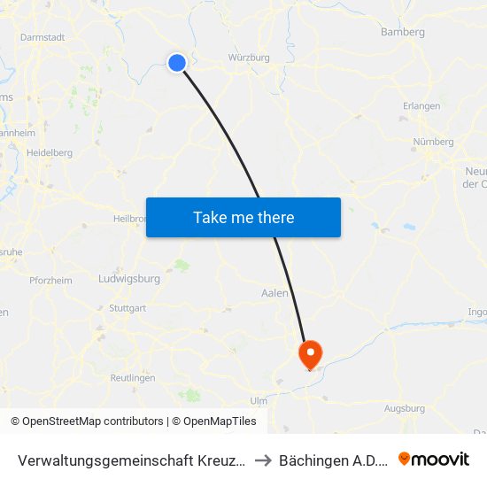 Verwaltungsgemeinschaft Kreuzwertheim to Bächingen A.D.Brenz map