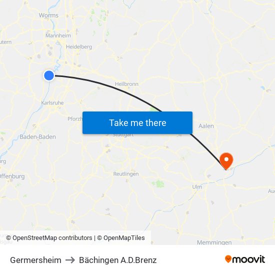 Germersheim to Bächingen A.D.Brenz map