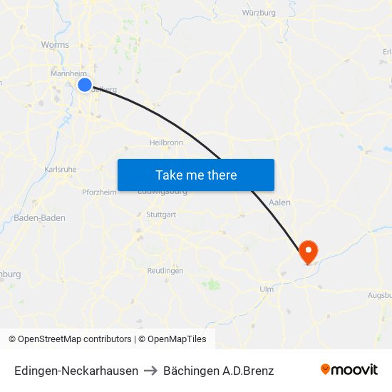 Edingen-Neckarhausen to Bächingen A.D.Brenz map