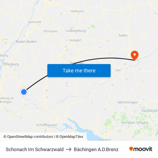 Schonach Im Schwarzwald to Bächingen A.D.Brenz map