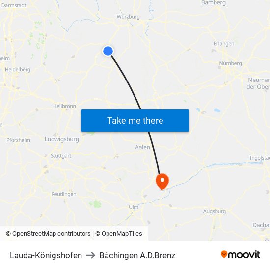 Lauda-Königshofen to Bächingen A.D.Brenz map