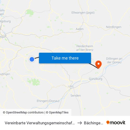 Vereinbarte Verwaltungsgemeinschaft Der Stadt Weilheim An Der Teck to Bächingen A.D.Brenz map