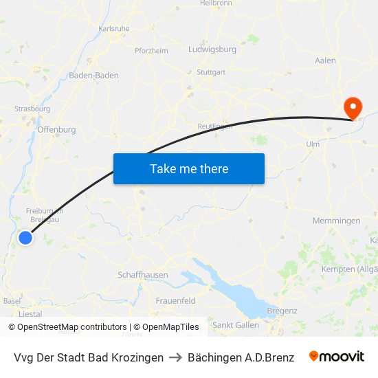 Vvg Der Stadt Bad Krozingen to Bächingen A.D.Brenz map