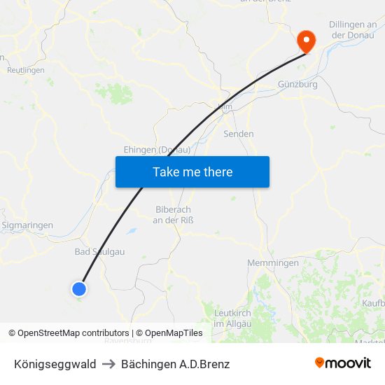 Königseggwald to Bächingen A.D.Brenz map