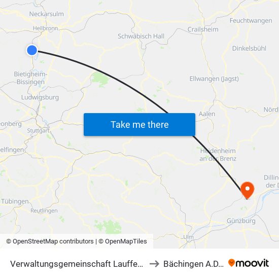 Verwaltungsgemeinschaft Lauffen am Neckar to Bächingen A.D.Brenz map