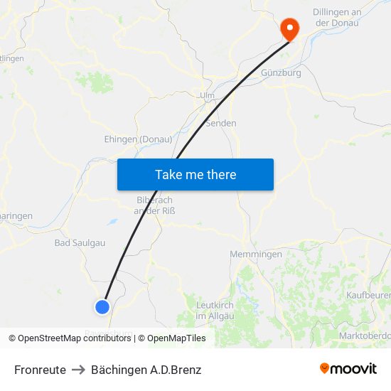 Fronreute to Bächingen A.D.Brenz map