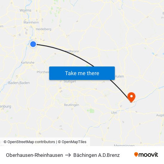 Oberhausen-Rheinhausen to Bächingen A.D.Brenz map