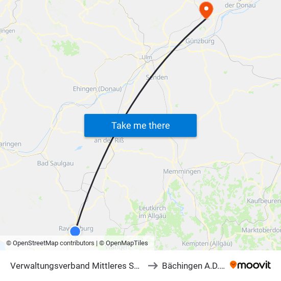 Verwaltungsverband Mittleres Schussental to Bächingen A.D.Brenz map