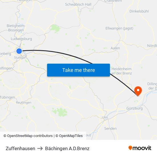 Zuffenhausen to Bächingen A.D.Brenz map