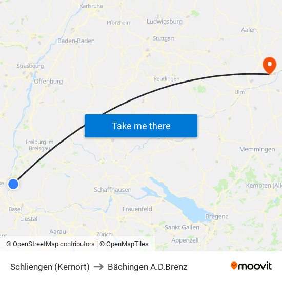 Schliengen (Kernort) to Bächingen A.D.Brenz map