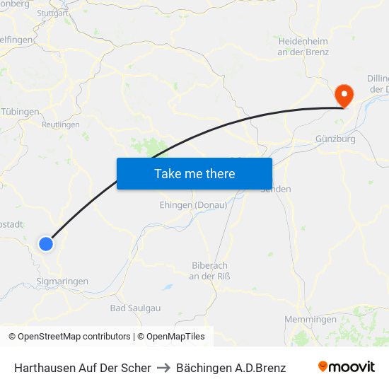 Harthausen Auf Der Scher to Bächingen A.D.Brenz map