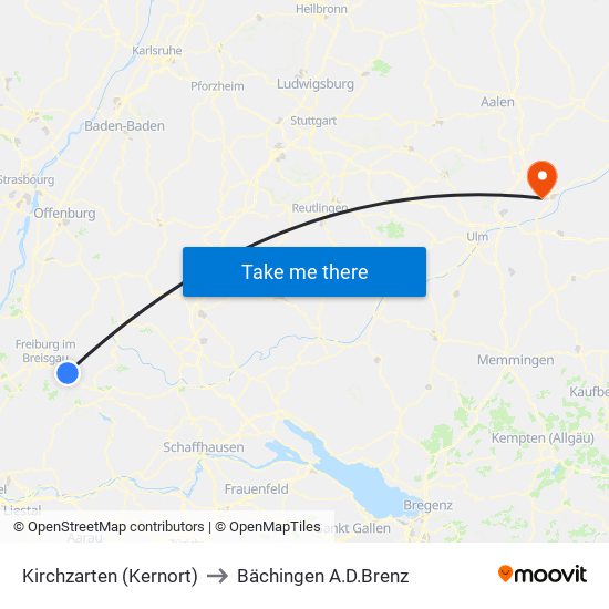 Kirchzarten (Kernort) to Bächingen A.D.Brenz map