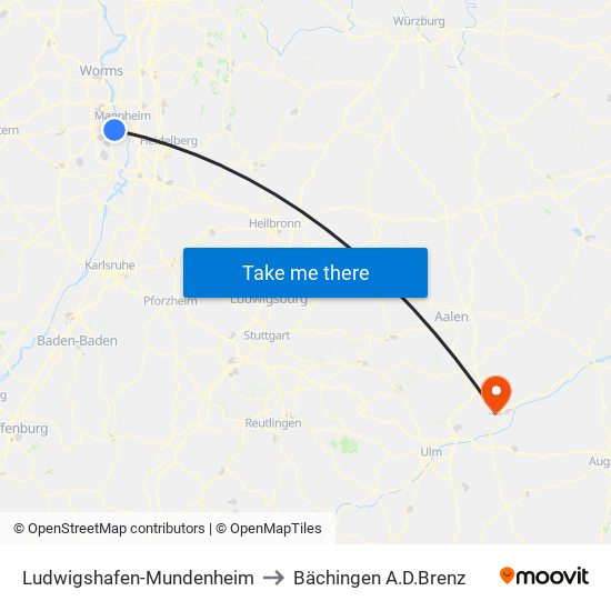 Ludwigshafen-Mundenheim to Bächingen A.D.Brenz map
