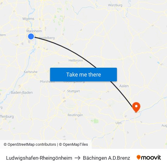 Ludwigshafen-Rheingönheim to Bächingen A.D.Brenz map