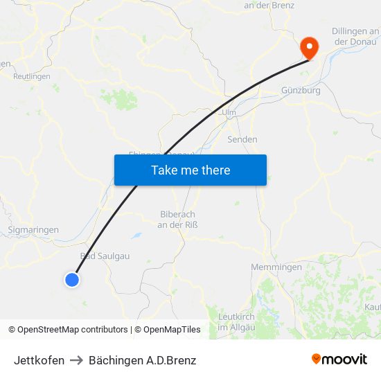 Jettkofen to Bächingen A.D.Brenz map